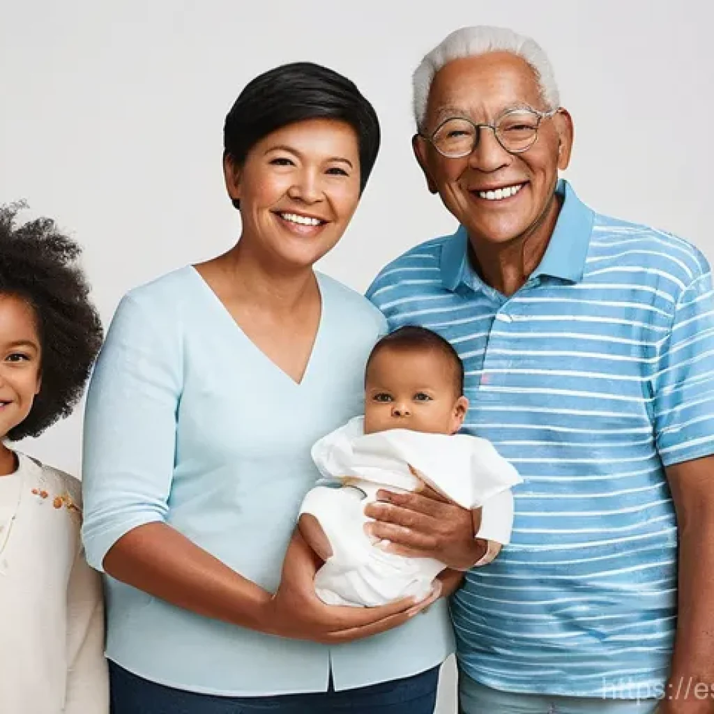 유전학 기초 - **Prompt:** "A warm, family portrait featuring a diverse, multi-generational group: a pair of grandp...
