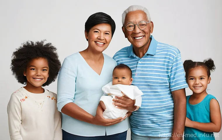 유전학 기초 - **Prompt:** "A warm, family portrait featuring a diverse, multi-generational group: a pair of grandp...