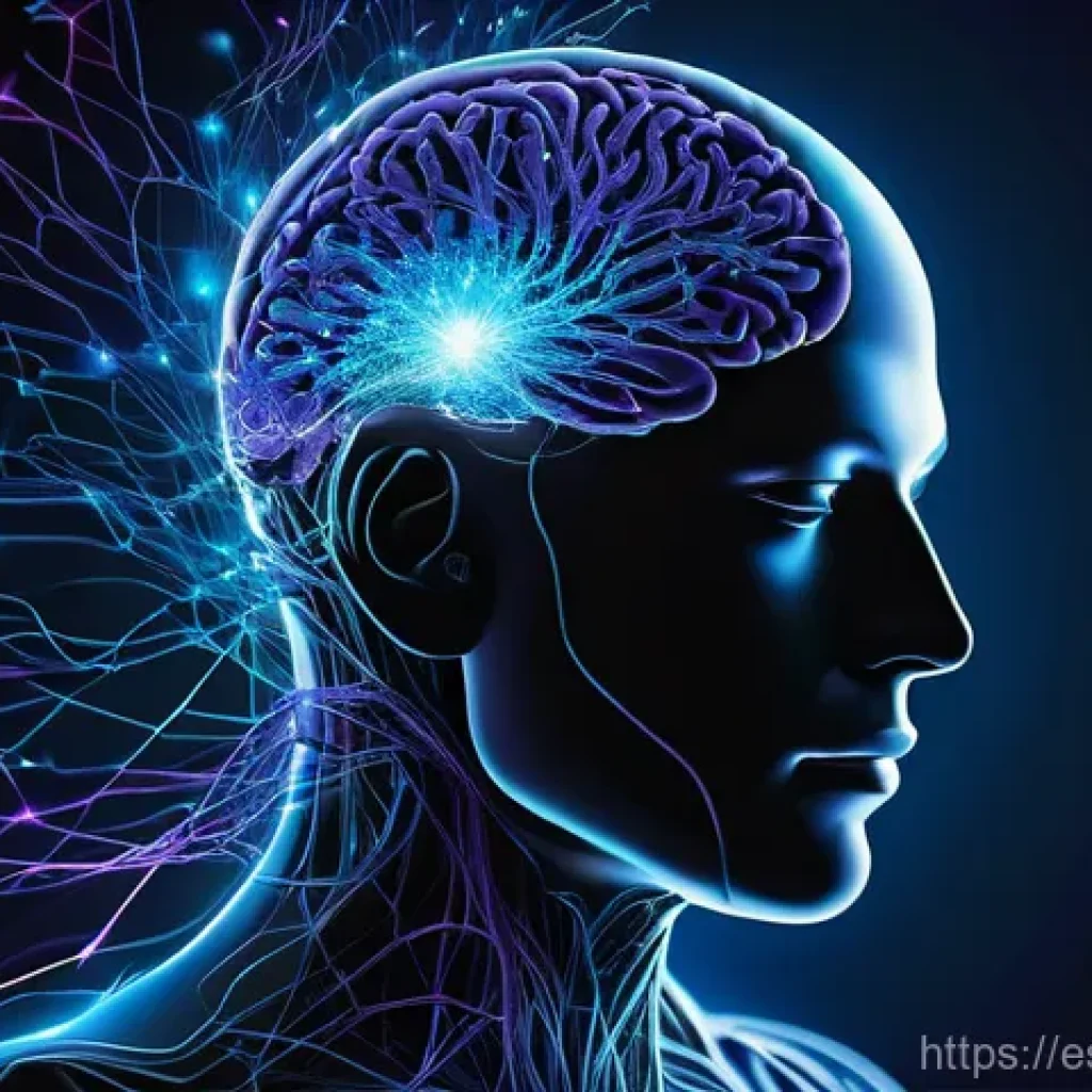 신경생리학 - **Prompt:** A dynamic and abstract representation of the human nervous system as a complex, glowing ...