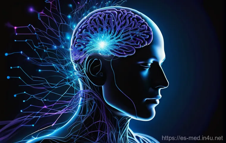 신경생리학 - **Prompt:** A dynamic and abstract representation of the human nervous system as a complex, glowing ...