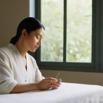 침술과 약초 요법 - **Acupuncture in a Serene Setting:** A person (gender-neutral, mid-30s) lies peacefully on a sof...