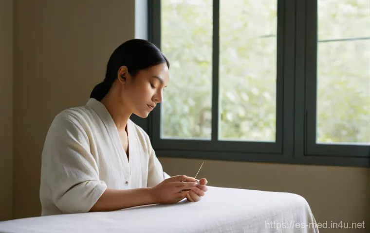 침술과 약초 요법 - **Acupuncture in a Serene Setting:** A person (gender-neutral, mid-30s) lies peacefully on a sof...