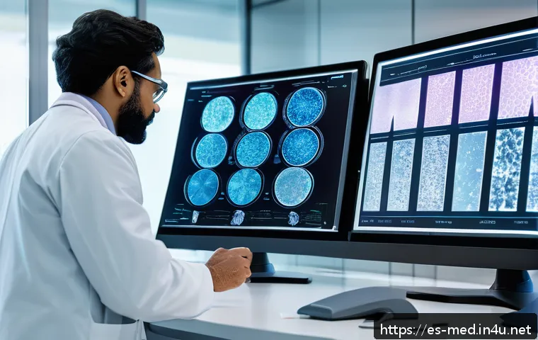 조직병리학 - A modern pathology laboratory scene showcasing advanced AI-powered digital tissue analysis: a divers...